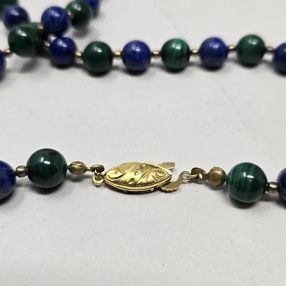 Vintage Lapis Lazuli Round Beaded Womens Necklace Gold Coated Silver Clasp - Picture 6 of 9